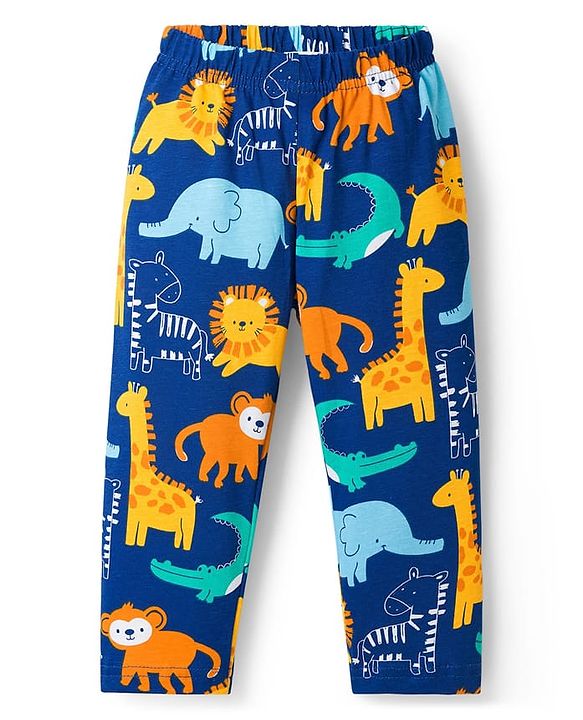 Babyhug Cotton Knit Full Sleeves Co-ords Night Suit With Animal Print - Navy Blue