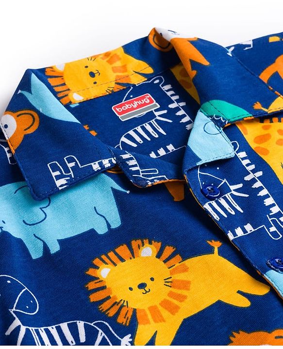 Babyhug Cotton Knit Full Sleeves Co-ords Night Suit With Animal Print - Navy Blue