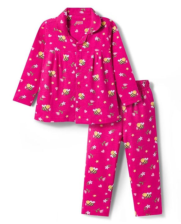 Babyhug Cotton Knit Full Sleeves Co-ord Night Suit With Honeybee & Floral Print - Dark Pink