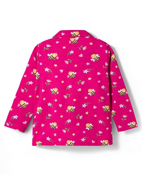 Babyhug Cotton Knit Full Sleeves Co-ord Night Suit With Honeybee & Floral Print - Dark Pink