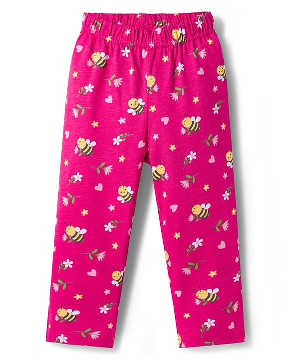Babyhug Cotton Knit Full Sleeves Co-ord Night Suit With Honeybee & Floral Print - Dark Pink