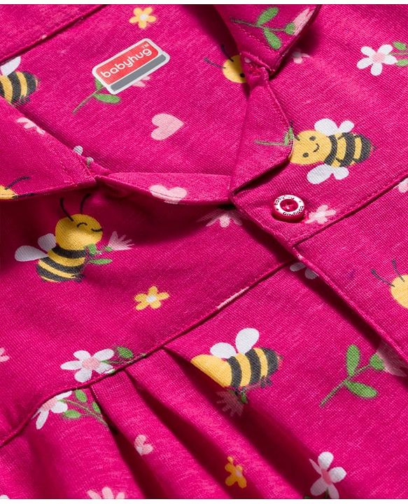 Babyhug Cotton Knit Full Sleeves Co-ord Night Suit With Honeybee & Floral Print - Dark Pink
