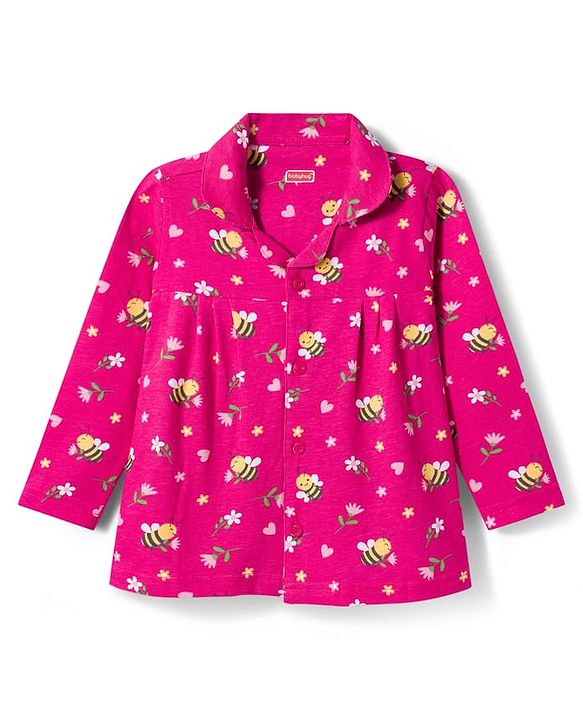 Babyhug Cotton Knit Full Sleeves Co-ord Night Suit With Honeybee & Floral Print - Dark Pink