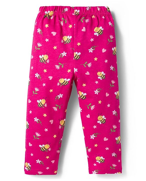 Babyhug Cotton Knit Full Sleeves Co-ord Night Suit With Honeybee & Floral Print - Dark Pink