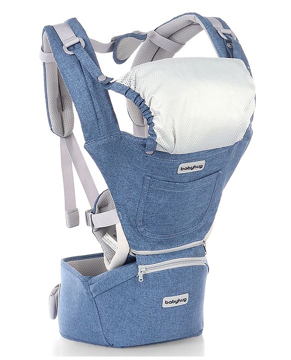 Babyhug Harmony 9-in-1 Ergonomic Baby Carrier with Hip Seat - Denim| Breathable Mesh Fabric| Detachable Hood| Soft Padded Straps| Storage Pocket| 9 carrying positions for babies up to 15 kg| 3 months+