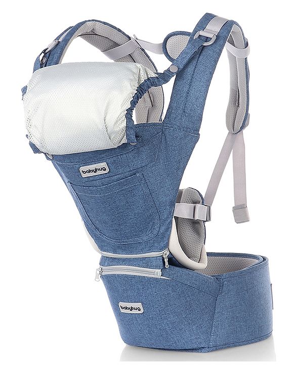 Babyhug Harmony 9-in-1 Ergonomic Baby Carrier with Hip Seat - Denim| Breathable Mesh Fabric| Detachable Hood| Soft Padded Straps| Storage Pocket| 9 carrying positions for babies up to 15 kg| 3 months+