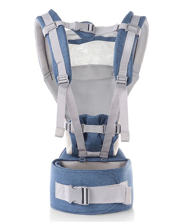 Babyhug Harmony 9-in-1 Ergonomic Baby Carrier with Hip Seat - Denim| Breathable Mesh Fabric| Detachable Hood| Soft Padded Straps| Storage Pocket| 9 carrying positions for babies up to 15 kg| 3 months+