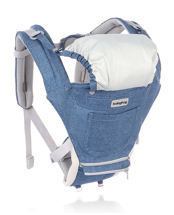 Babyhug Harmony 9-in-1 Ergonomic Baby Carrier with Hip Seat - Denim| Breathable Mesh Fabric| Detachable Hood| Soft Padded Straps| Storage Pocket| 9 carrying positions for babies up to 15 kg| 3 months+