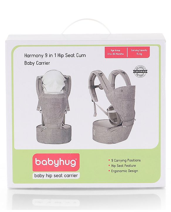 Babyhug Harmony 9-in-1 Ergonomic Baby Carrier with Hip Seat - Denim| Breathable Mesh Fabric| Detachable Hood| Soft Padded Straps| Storage Pocket| 9 carrying positions for babies up to 15 kg| 3 months+