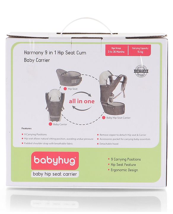 Babyhug Harmony 9-in-1 Ergonomic Baby Carrier with Hip Seat - Denim| Breathable Mesh Fabric| Detachable Hood| Soft Padded Straps| Storage Pocket| 9 carrying positions for babies up to 15 kg| 3 months+