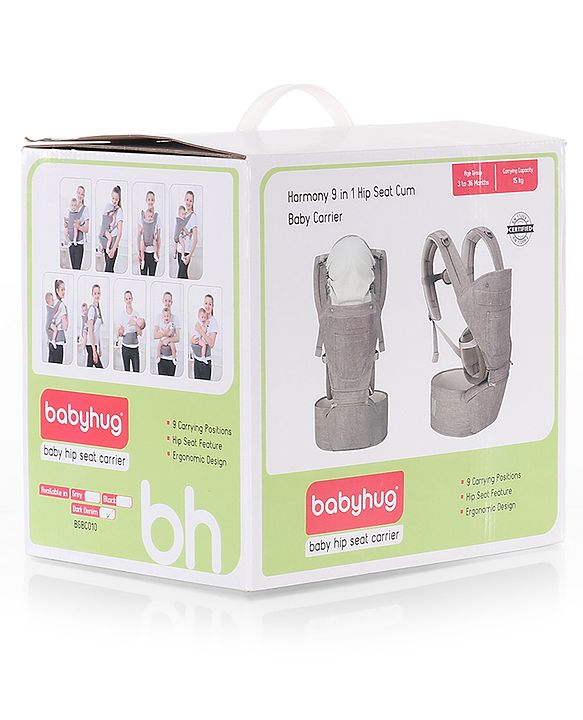 Babyhug Harmony 9-in-1 Ergonomic Baby Carrier with Hip Seat - Denim| Breathable Mesh Fabric| Detachable Hood| Soft Padded Straps| Storage Pocket| 9 carrying positions for babies up to 15 kg| 3 months+