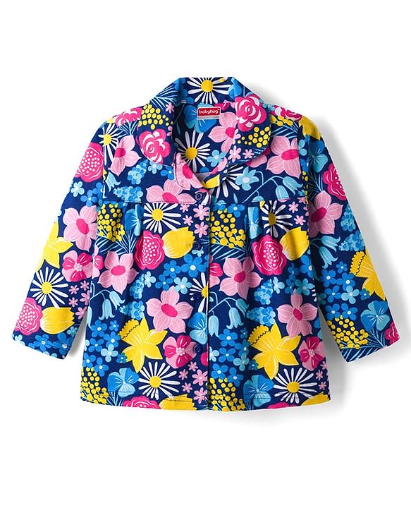 Babyhug Cotton Knit Full Sleeves Co-ords Night Suit With Floral Print - Navy Blue