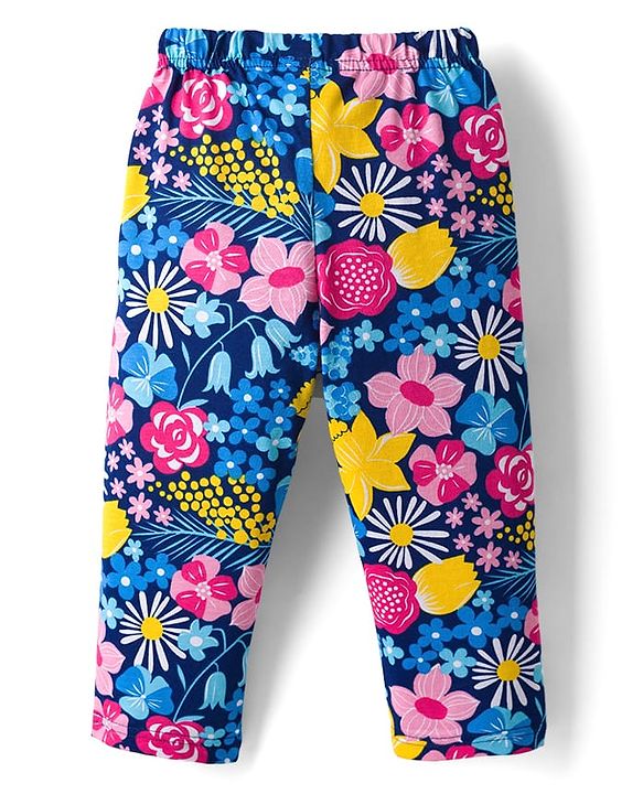 Babyhug Cotton Knit Full Sleeves Co-ords Night Suit With Floral Print - Navy Blue