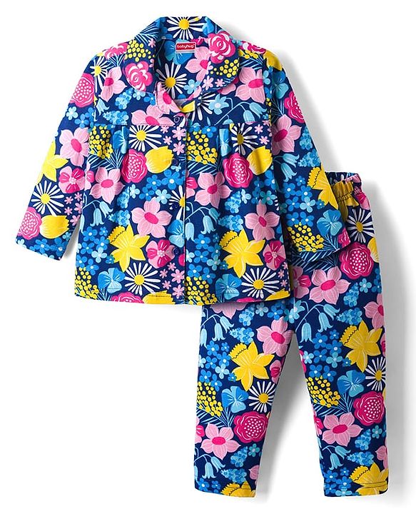 Babyhug Cotton Knit Full Sleeves Co-ords Night Suit With Floral Print - Navy Blue