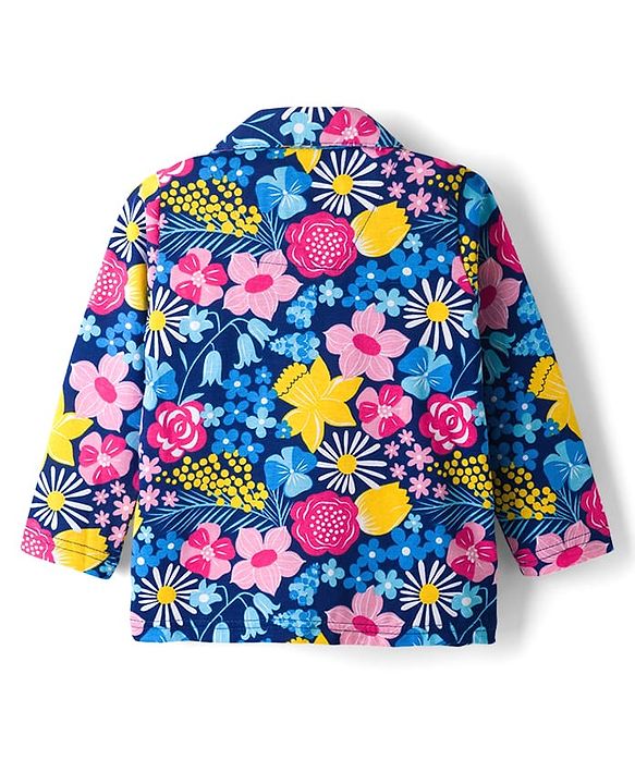 Babyhug Cotton Knit Full Sleeves Co-ords Night Suit With Floral Print - Navy Blue