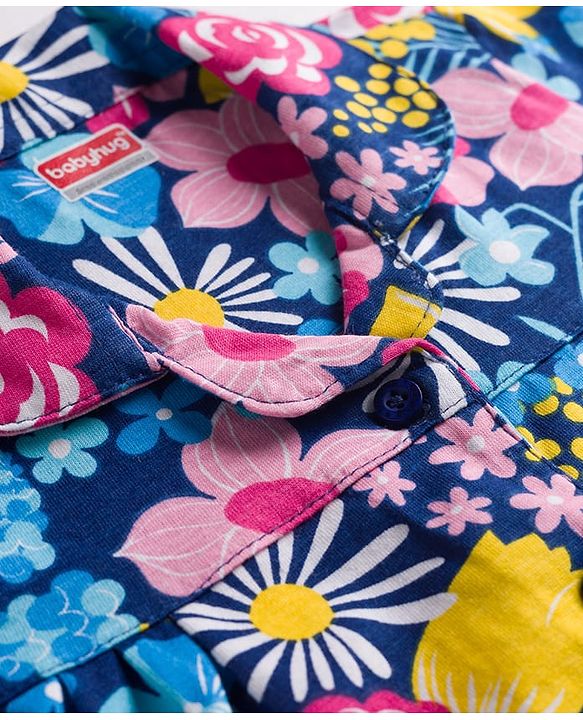 Babyhug Cotton Knit Full Sleeves Co-ords Night Suit With Floral Print - Navy Blue