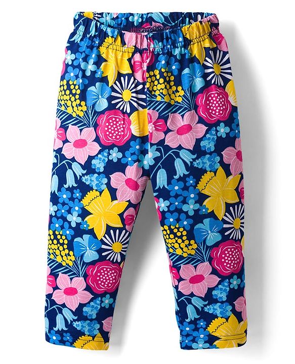 Babyhug Cotton Knit Full Sleeves Co-ords Night Suit With Floral Print - Navy Blue