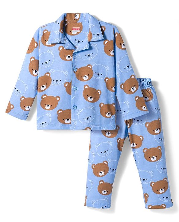 Babyhug Cotton Knit Full Sleeves Co-ords Night Suit With Animal Print - Blue