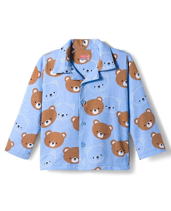 Babyhug Cotton Knit Full Sleeves Co-ords Night Suit With Animal Print - Blue
