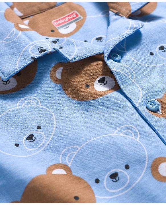 Babyhug Cotton Knit Full Sleeves Co-ords Night Suit With Animal Print - Blue