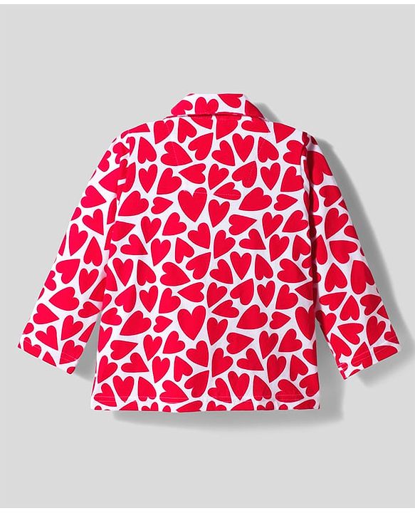 Babyhug Cotton Knit Full Sleeves Co-ords Night Suit With Heart Print - Red & White