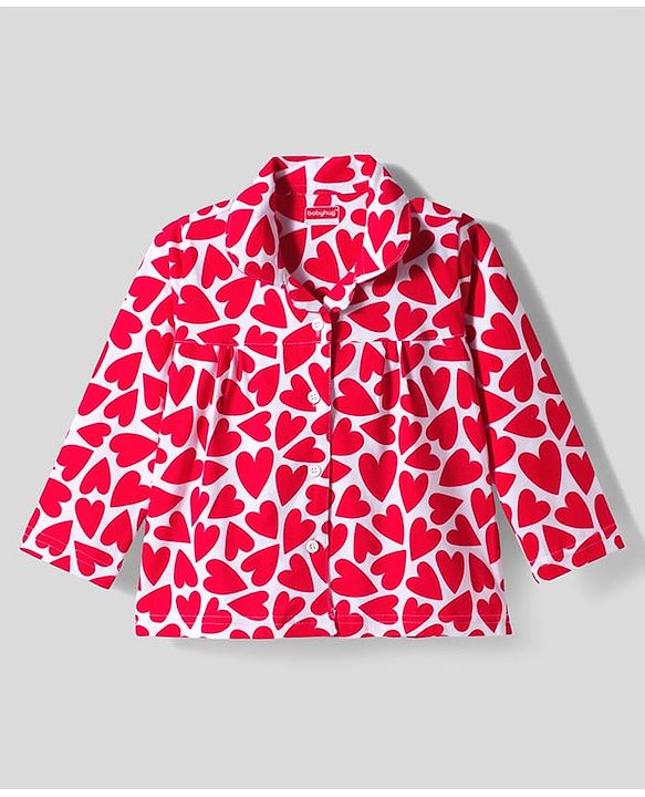 Babyhug Cotton Knit Full Sleeves Co-ords Night Suit With Heart Print - Red & White