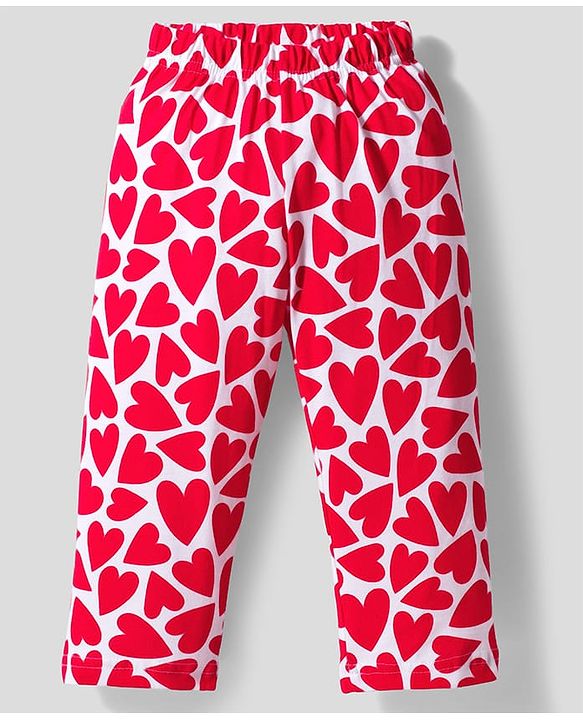 Babyhug Cotton Knit Full Sleeves Co-ords Night Suit With Heart Print - Red & White