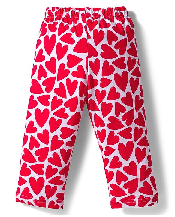 Babyhug Cotton Knit Full Sleeves Co-ords Night Suit With Heart Print - Red & White