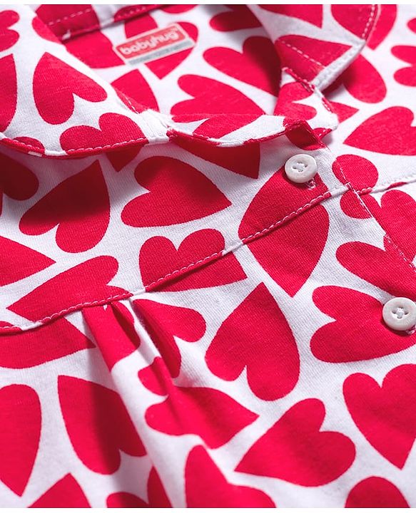 Babyhug Cotton Knit Full Sleeves Co-ords Night Suit With Heart Print - Red & White