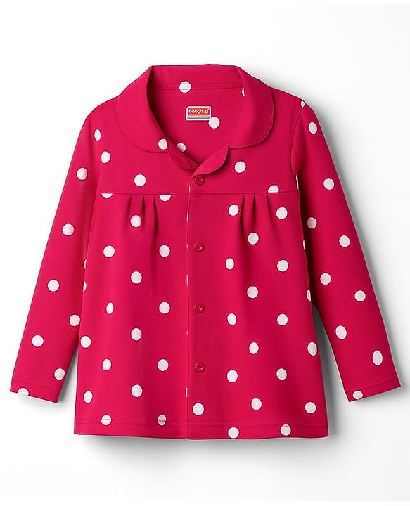 Babyhug Cotton Knit Full Sleeves Co-ord Night Suit With Polka Dot Print - Dark Pink
