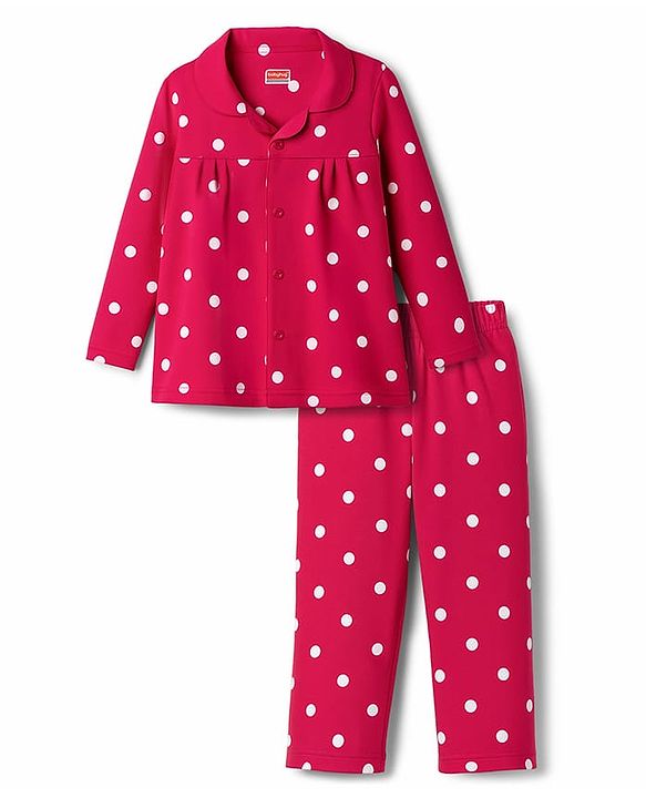 Babyhug Cotton Knit Full Sleeves Co-ord Night Suit With Polka Dot Print - Dark Pink
