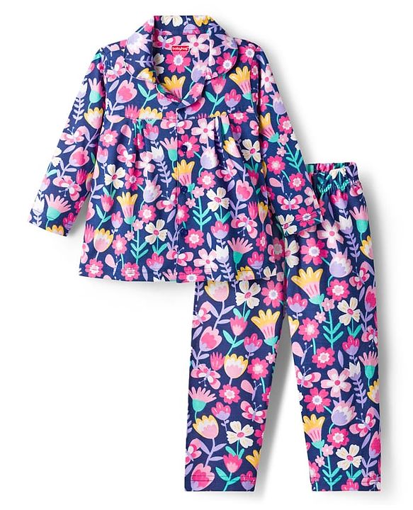 Babyhug Cotton Knit Full Sleeves Co-ord Night Suit With Floral Print - Navy Blue