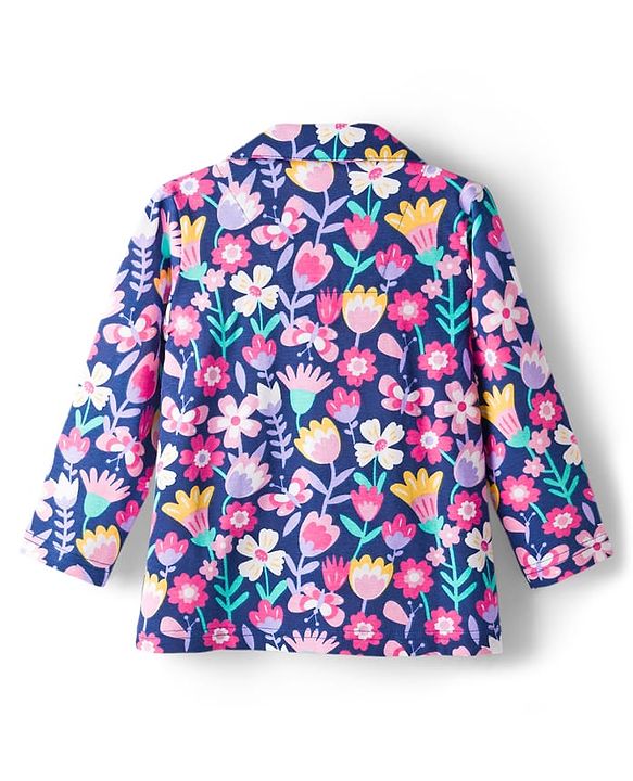 Babyhug Cotton Knit Full Sleeves Co-ord Night Suit With Floral Print - Navy Blue