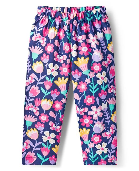 Babyhug Cotton Knit Full Sleeves Co-ord Night Suit With Floral Print - Navy Blue