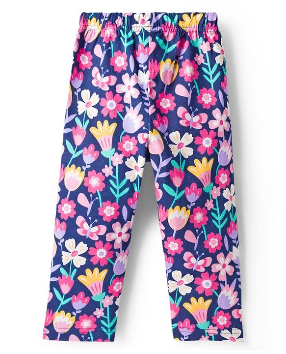 Babyhug Cotton Knit Full Sleeves Co-ord Night Suit With Floral Print - Navy Blue
