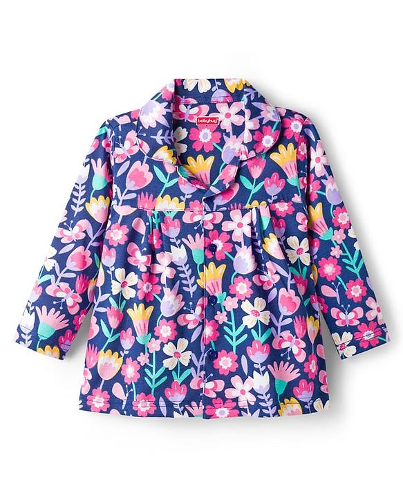 Babyhug Cotton Knit Full Sleeves Co-ord Night Suit With Floral Print - Navy Blue