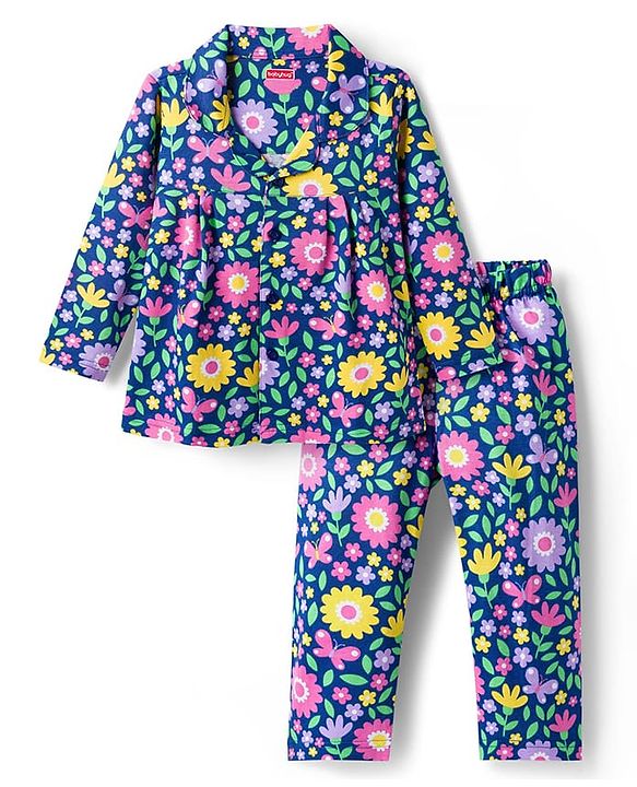 Babyhug Cotton Knit Full Sleeves Co-ord Night Suit With Floral Print - Navy Blue