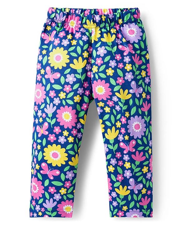 Babyhug Cotton Knit Full Sleeves Co-ord Night Suit With Floral Print - Navy Blue