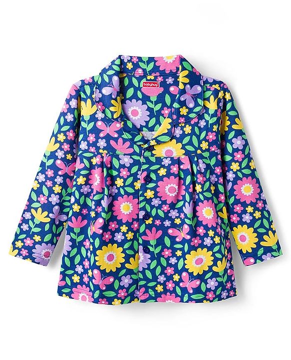 Babyhug Cotton Knit Full Sleeves Co-ord Night Suit With Floral Print - Navy Blue