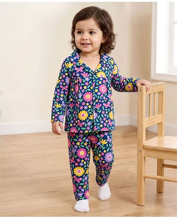 Babyhug Cotton Knit Full Sleeves Co-ord Night Suit With Floral Print - Navy Blue