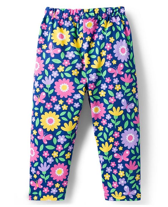 Babyhug Cotton Knit Full Sleeves Co-ord Night Suit With Floral Print - Navy Blue