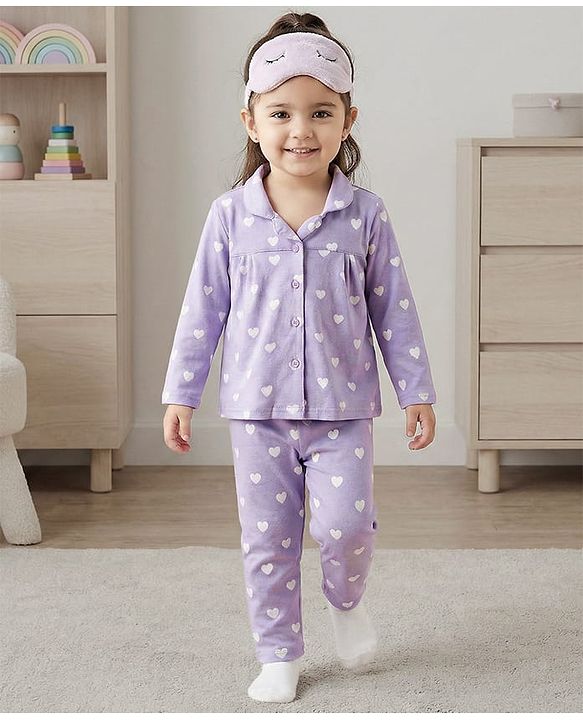 Babyhug Cotton Knit Full Sleeves Co-ords Night Suit With Heart Print - Purple