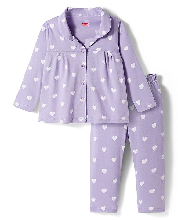 Babyhug Cotton Knit Full Sleeves Co-ords Night Suit With Heart Print - Purple