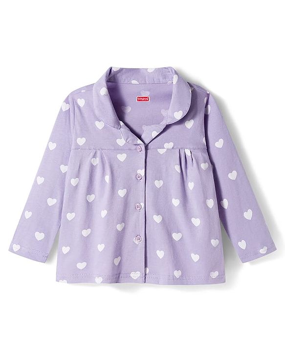 Babyhug Cotton Knit Full Sleeves Co-ords Night Suit With Heart Print - Purple