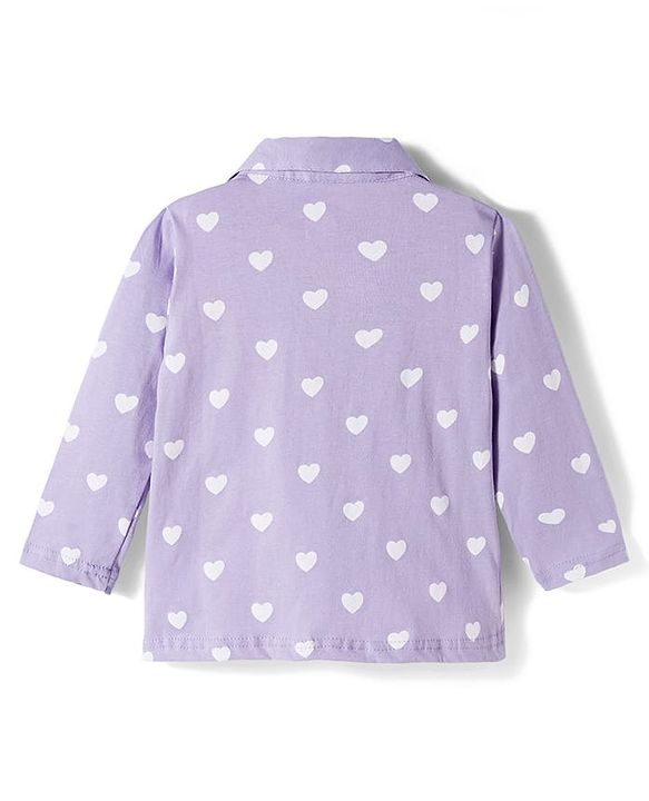 Babyhug Cotton Knit Full Sleeves Co-ords Night Suit With Heart Print - Purple