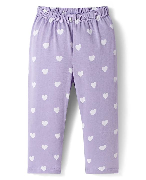Babyhug Cotton Knit Full Sleeves Co-ords Night Suit With Heart Print - Purple