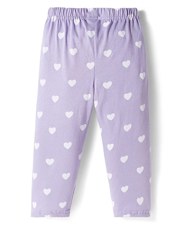 Babyhug Cotton Knit Full Sleeves Co-ords Night Suit With Heart Print - Purple