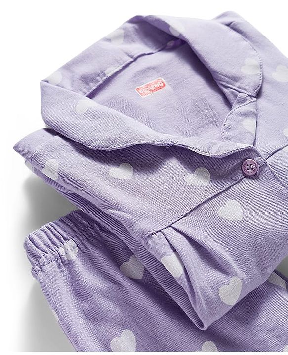 Babyhug Cotton Knit Full Sleeves Co-ords Night Suit With Heart Print - Purple
