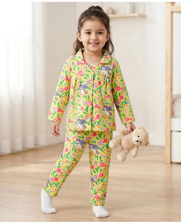 Babyhug Cotton Knit Full Sleeves Co-ords Night Suit With Floral Print - Yellow