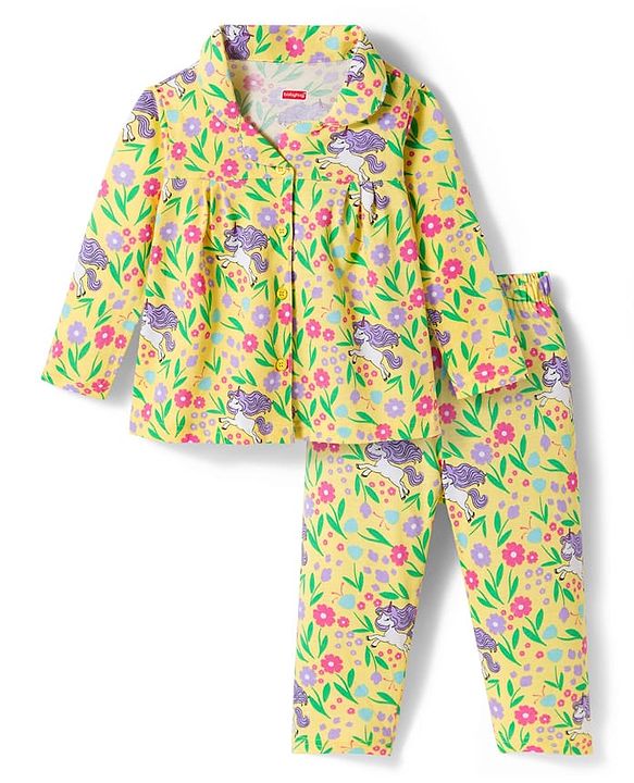 Babyhug Cotton Knit Full Sleeves Co-ords Night Suit With Floral Print - Yellow